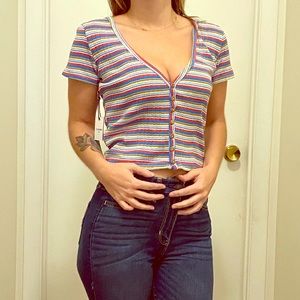 Button Front Striped Cropped Top